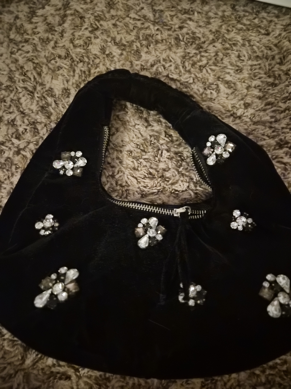 Black Velvet Crystal-Embellished Hobo Bag - Picture 2 of 7